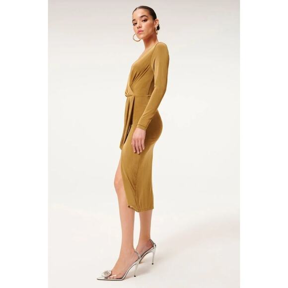 Good American Shimmer Faux Wrap Dress Long Sleeve Side Slit Metallic Gold Sz XL - Picture 2 of 12